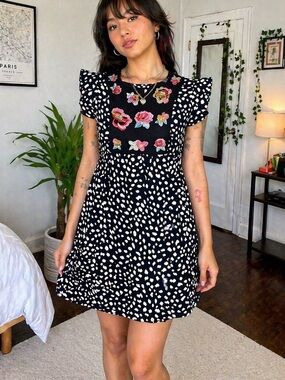 Kirundo Embroidered Floral Mini Dress Navy Polka Dot Boho Size S NWT
